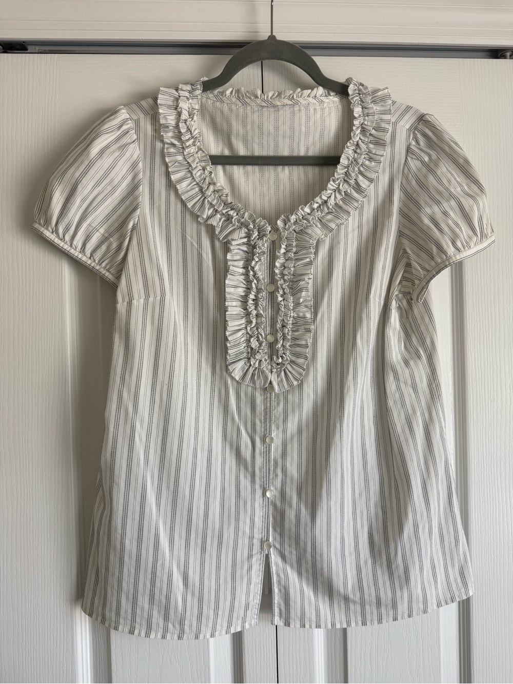 Ann Taylor White and Gray Striped Ruffle-Trim Blouse